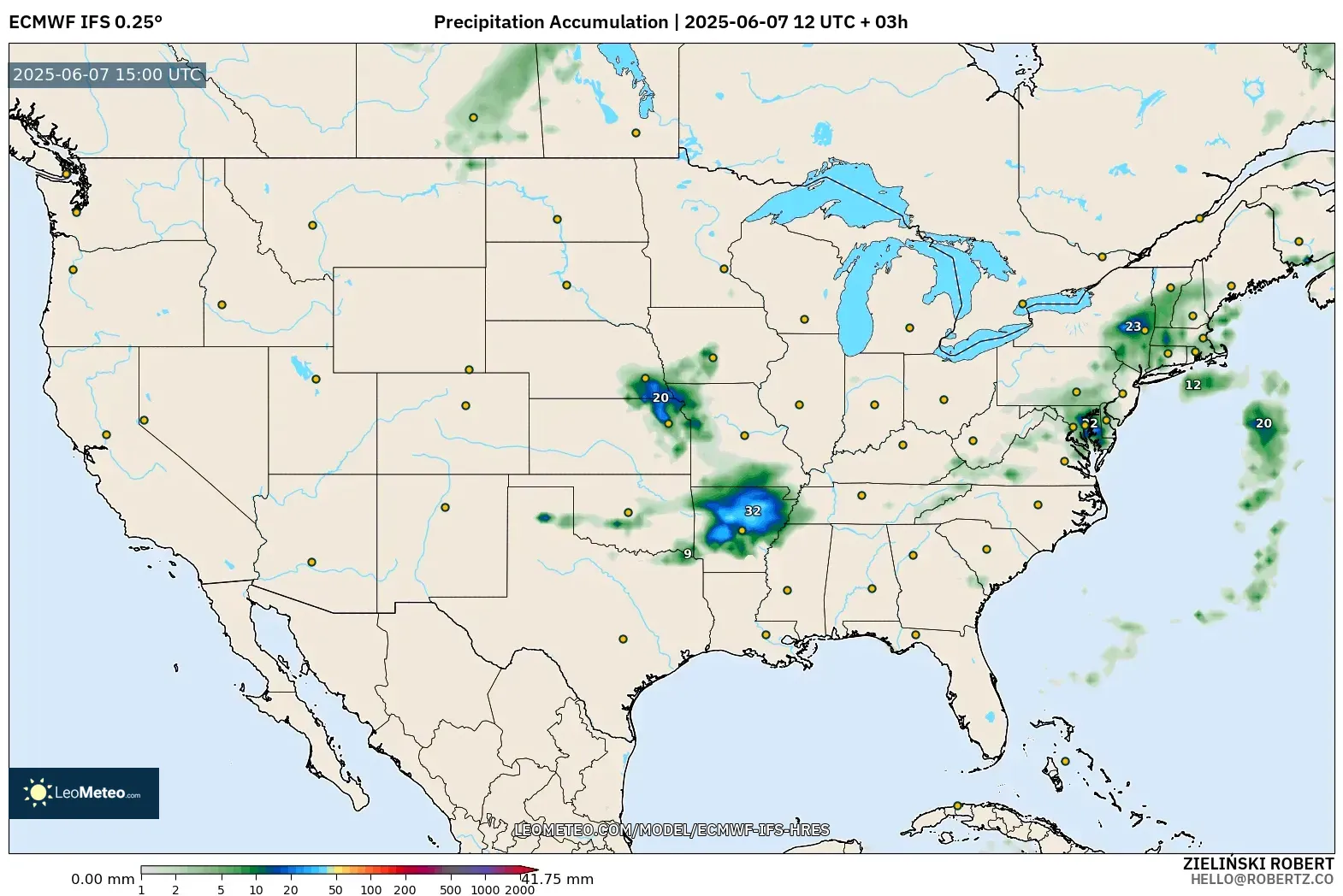 ECMWF IFS 0.25° model - Amerika Serikat, Akumulasi Curah Hujan