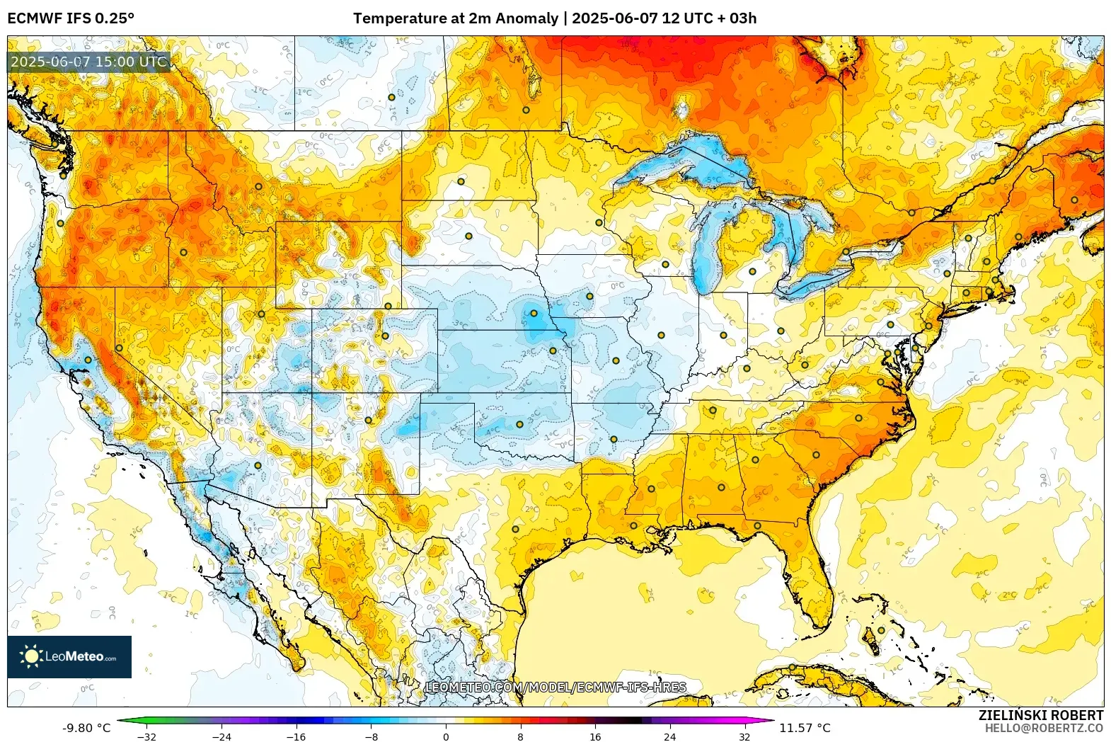 ECMWF IFS 0.25° model - Amerika Serikat, Anomali Suhu 2 m