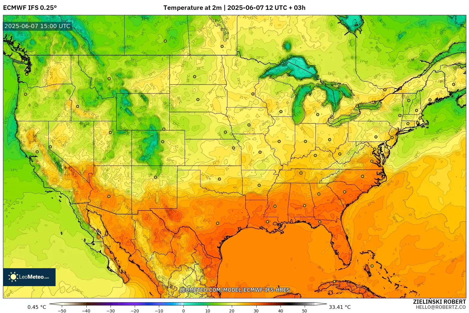 ECMWF IFS 0.25° model - Amerika Serikat, Suhu 2 m ECMWF IFS 0.25° model - Amerika Serikat, Suhu 2 m