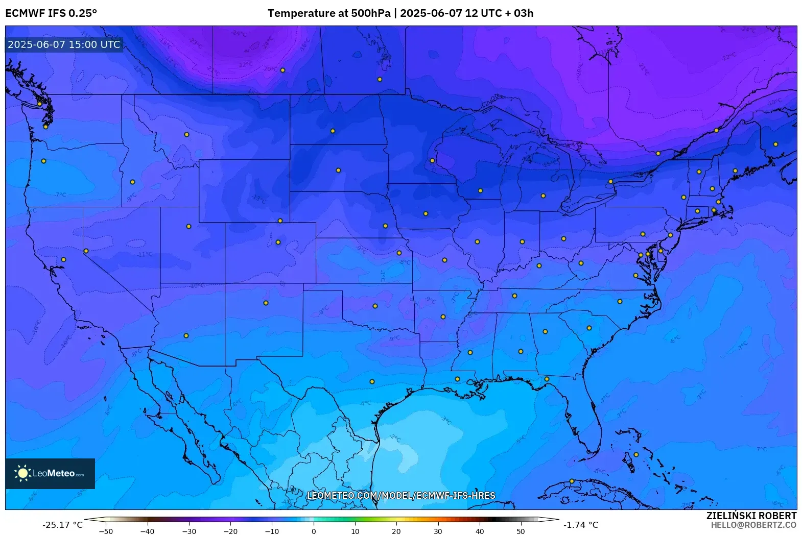 ECMWF IFS 0.25° model - Amerika Serikat, Suhu 500 hPa ECMWF IFS 0.25° model - Amerika Serikat, Suhu 500 hPa