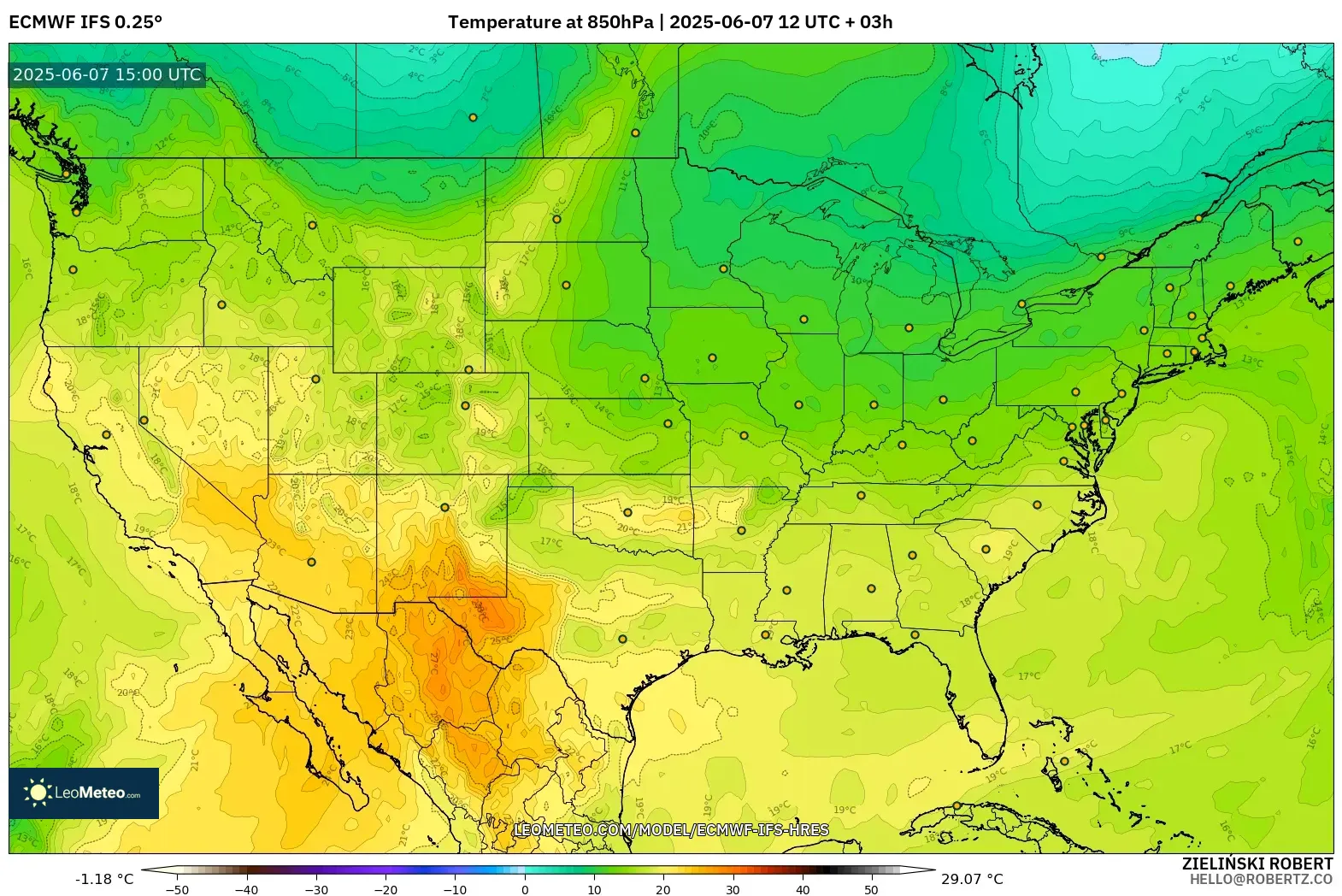 ECMWF IFS 0.25° model - Amerika Serikat, Suhu 850 hPa