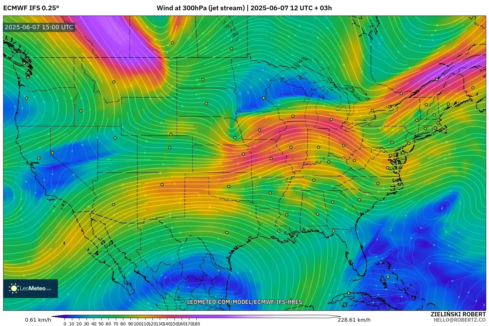 ECMWF IFS 0.25° model - Amerika Serikat, Angin 300 hPa (aliran jet) ECMWF IFS 0.25° model - Amerika Serikat, Angin 300 hPa (aliran jet)