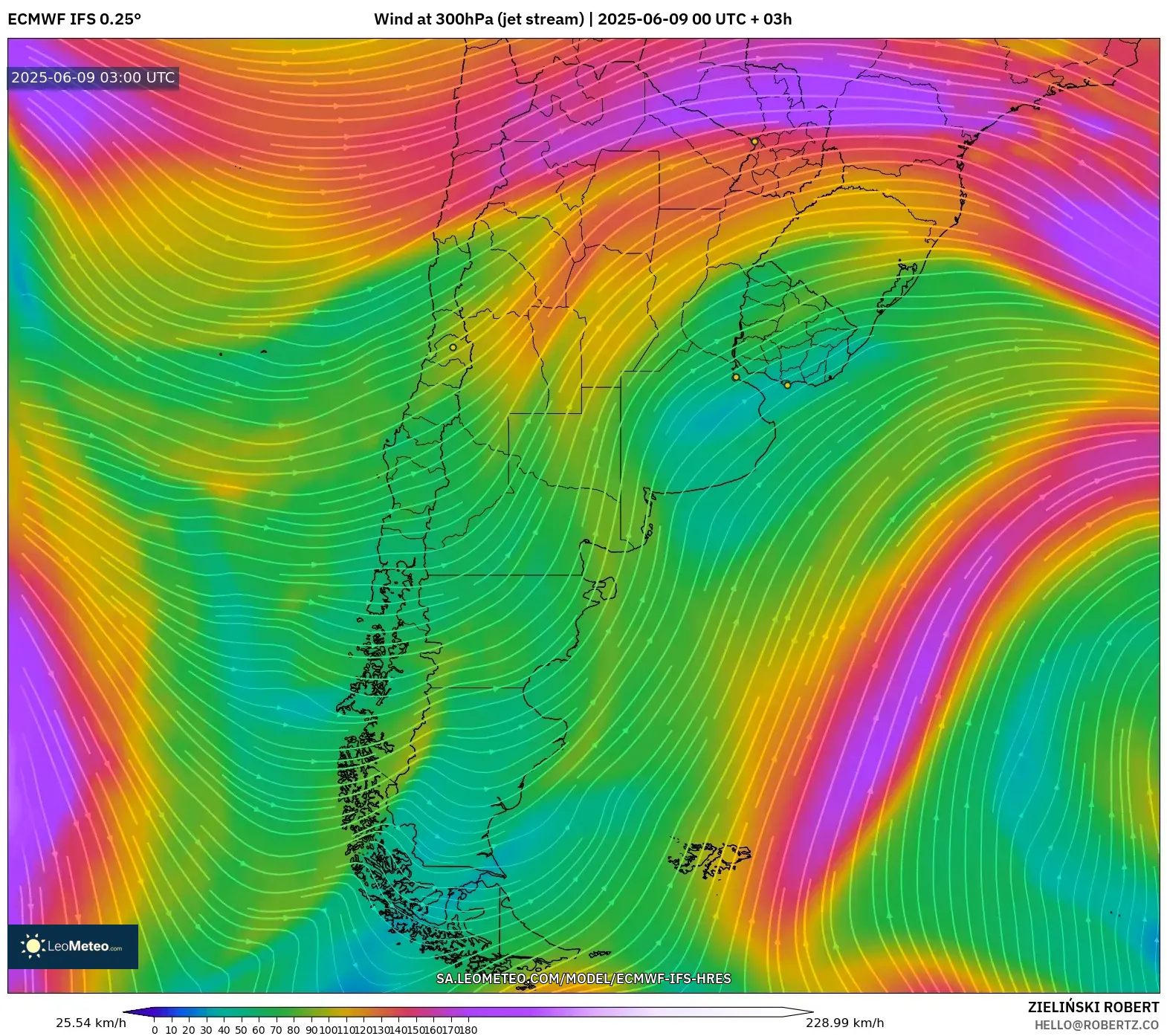 ECMWF IFS 0.25° model - Argentina, Wind at 300hPa (jet stream) ECMWF IFS 0.25° model - Argentina, Wind at 300hPa (jet stream)