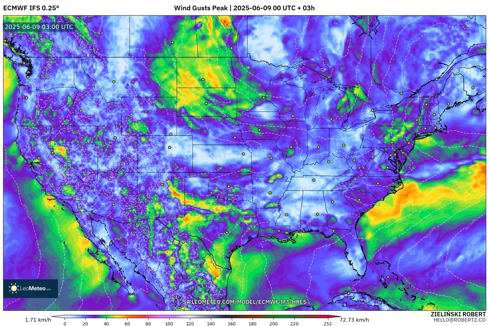 ECMWF IFS 0.25° model - United States, Wind Gusts Peak ECMWF IFS 0.25° model - United States, Wind Gusts Peak