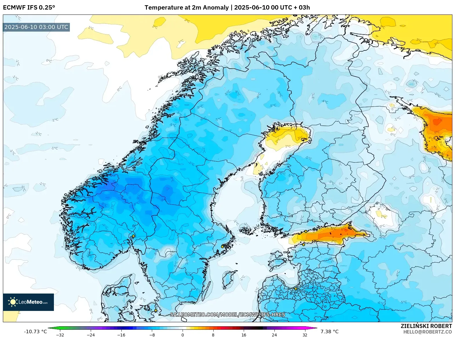 ECMWF IFS 0.25° model - Scandinavia, Temperature at 2m Anomaly ECMWF IFS 0.25° model - Scandinavia, Temperature at 2m Anomaly