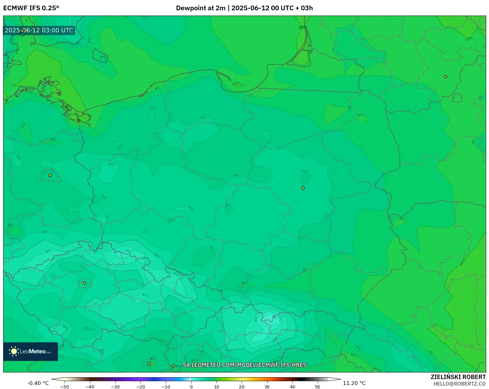 ECMWF IFS 0.25° model - Poland, Dewpoint at 2m ECMWF IFS 0.25° model - Poland, Dewpoint at 2m