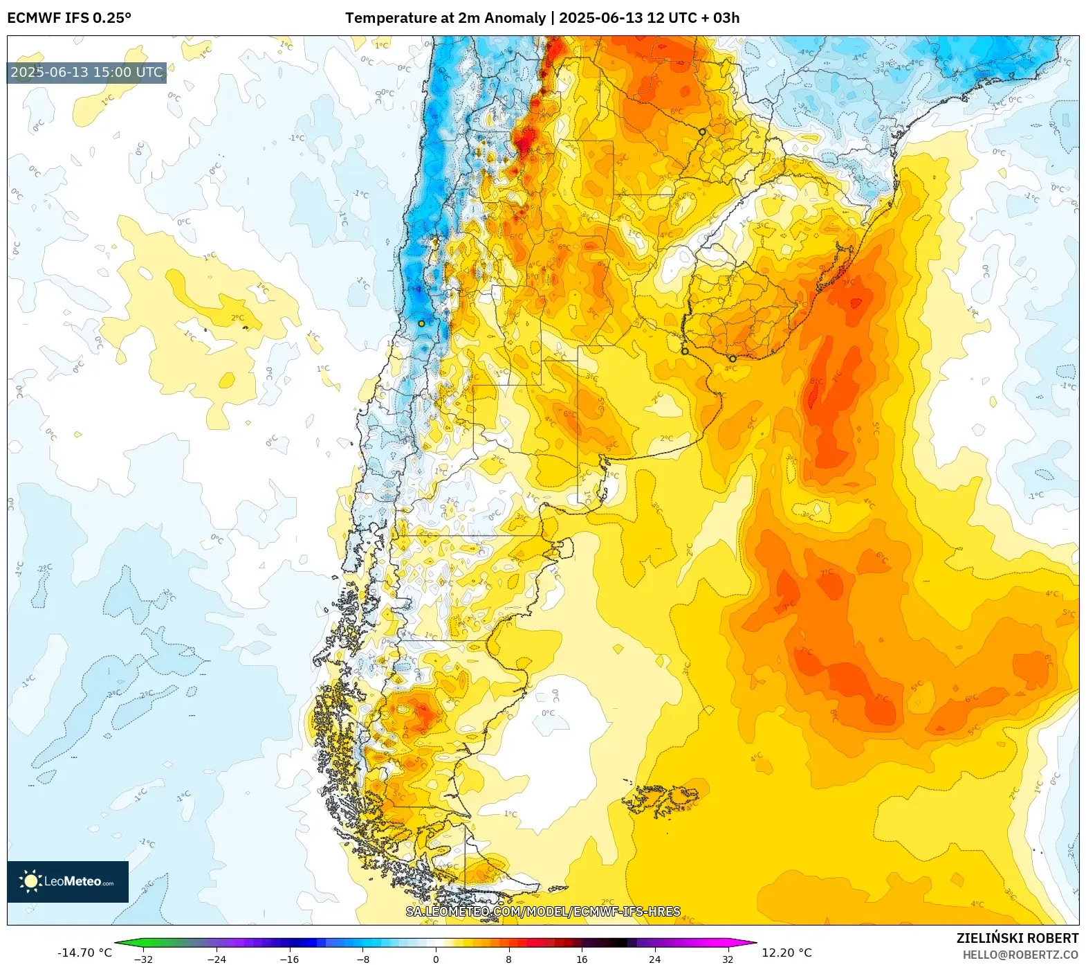 ECMWF IFS 0.25° model - Argentina, Temperature at 2m Anomaly ECMWF IFS 0.25° model - Argentina, Temperature at 2m Anomaly
