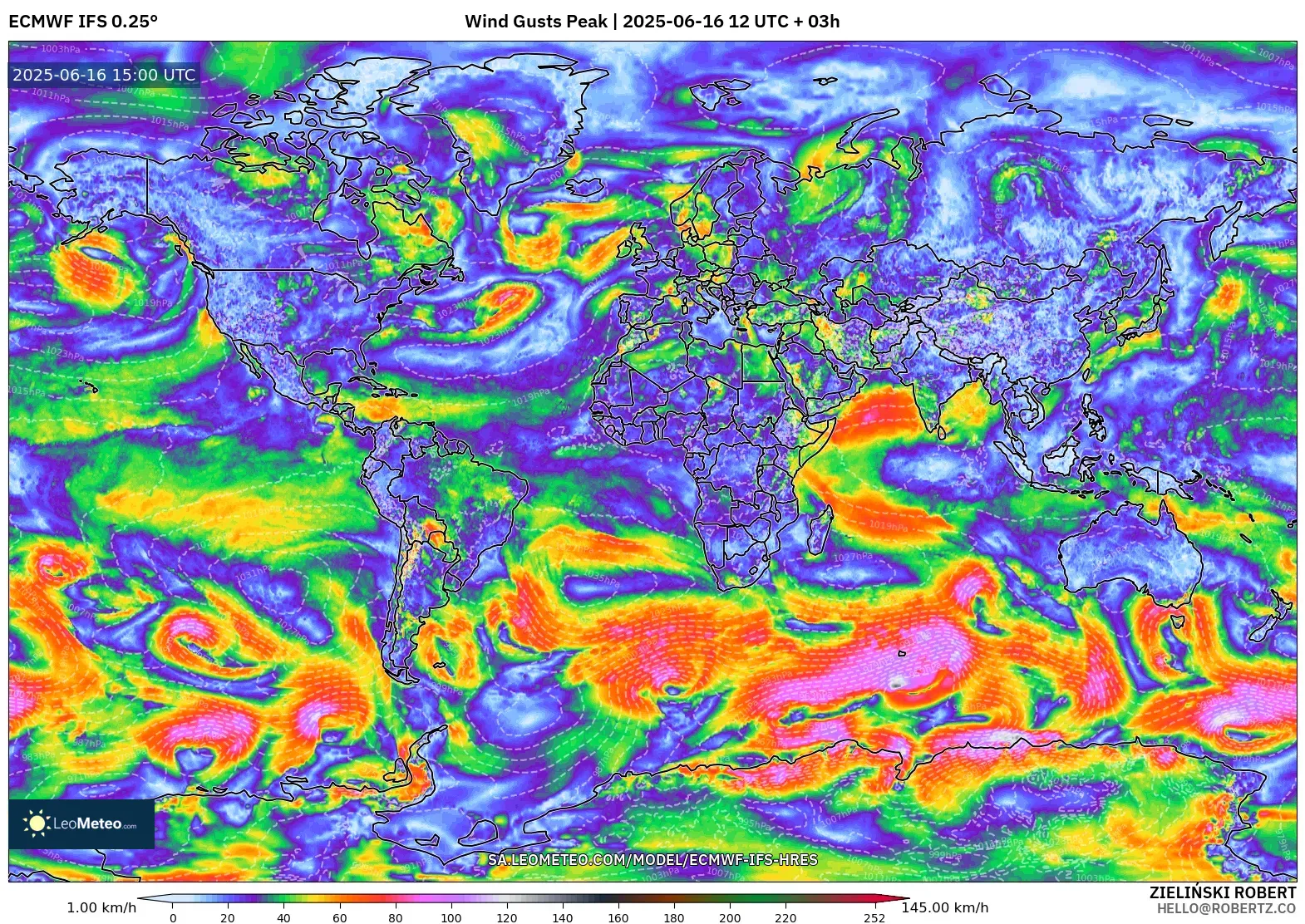 ECMWF IFS 0.25° model - World, Wind Gusts Peak ECMWF IFS 0.25° model - World, Wind Gusts Peak
