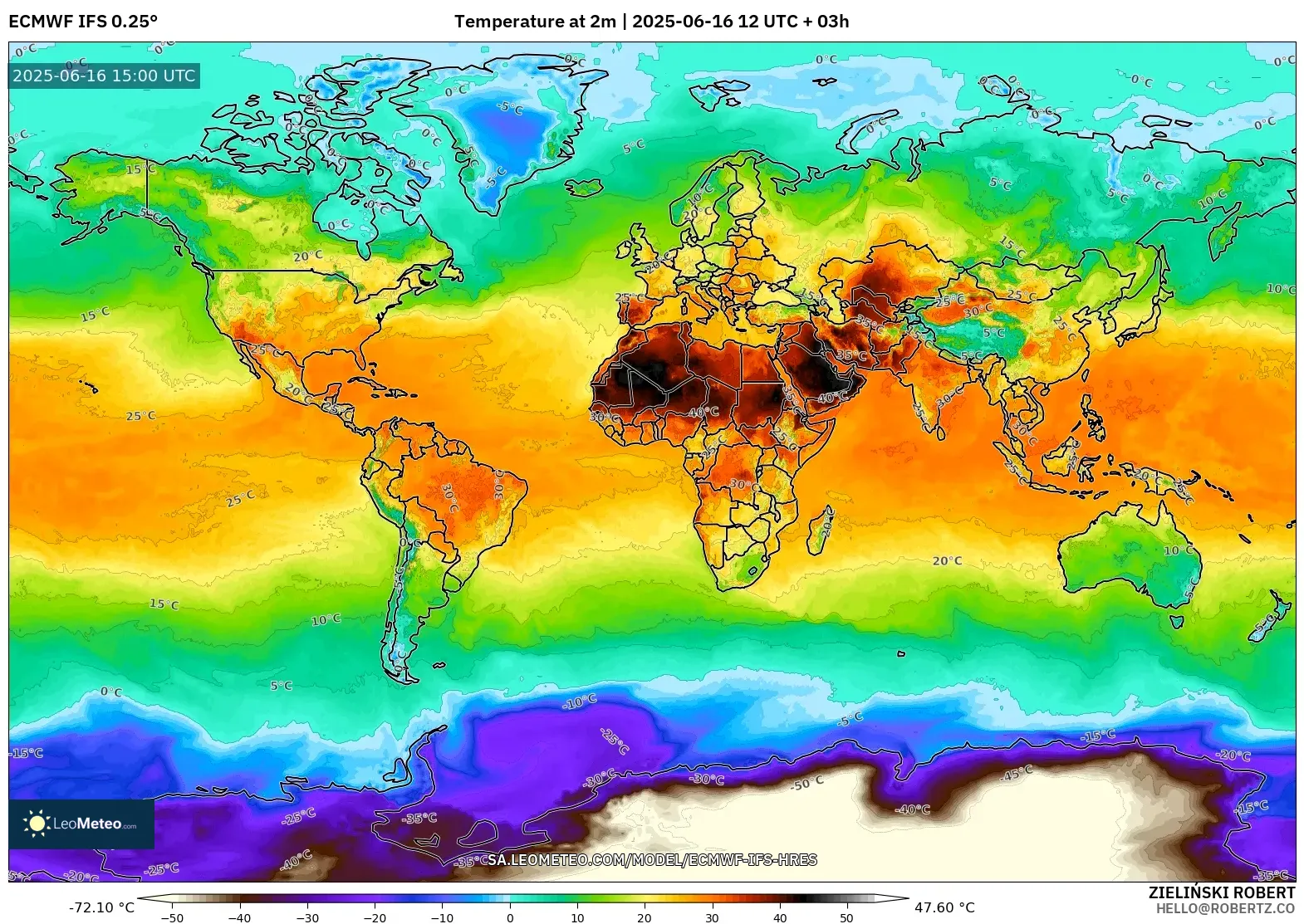 ECMWF IFS 0.25° model - World, Temperature at 2m ECMWF IFS 0.25° model - World, Temperature at 2m
