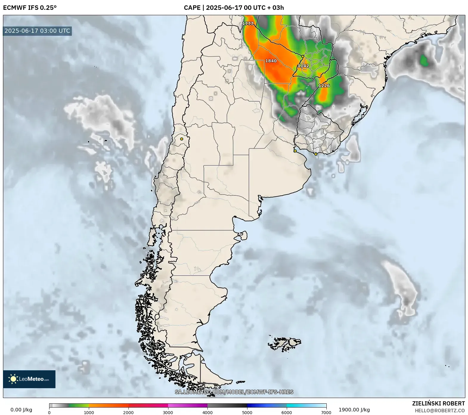 ECMWF IFS 0.25° model - Argentina, CAPE ECMWF IFS 0.25° model - Argentina, CAPE