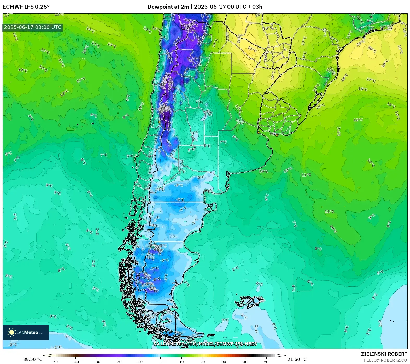 ECMWF IFS 0.25° model - Argentina, Takat Embun 2 m ECMWF IFS 0.25° model - Argentina, Takat Embun 2 m