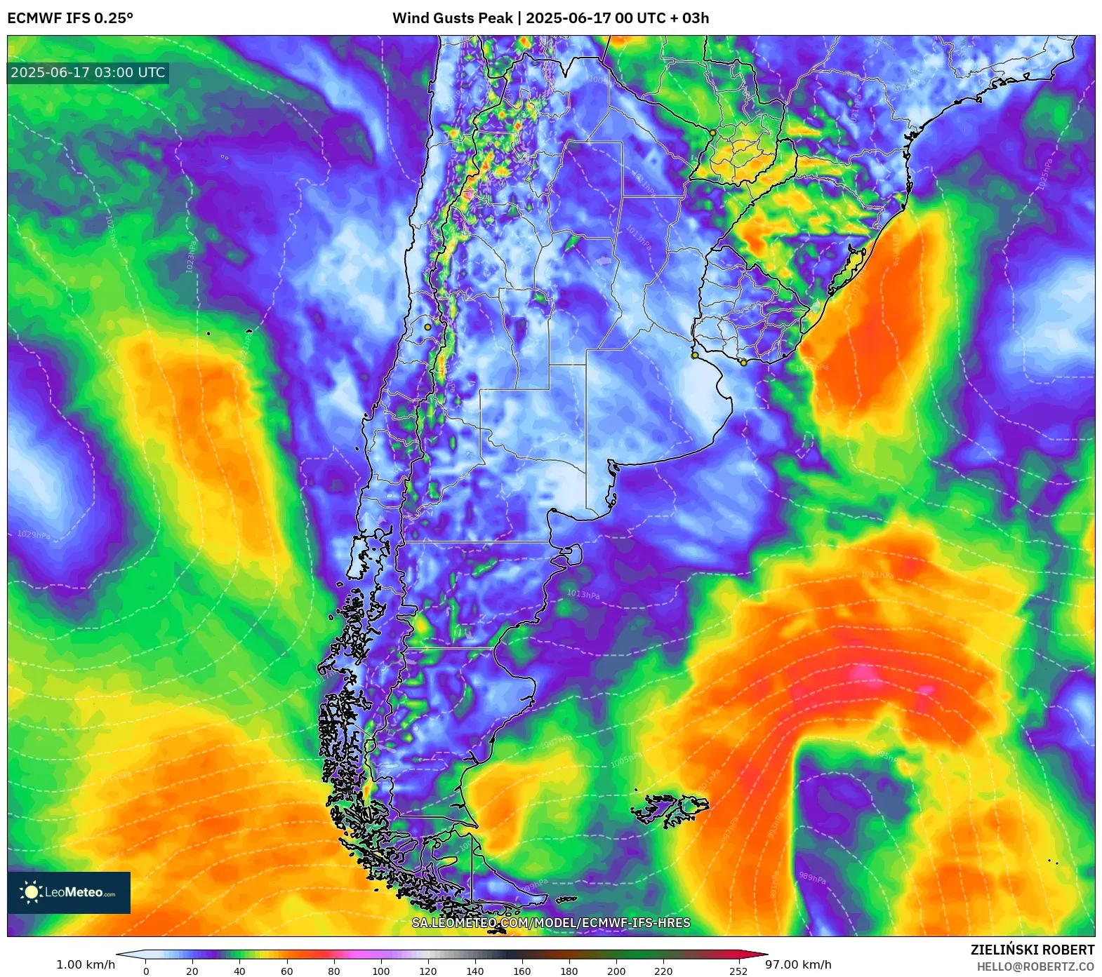 ECMWF IFS 0.25° model - Argentina, Hembusan Tertinggi ECMWF IFS 0.25° model - Argentina, Hembusan Tertinggi