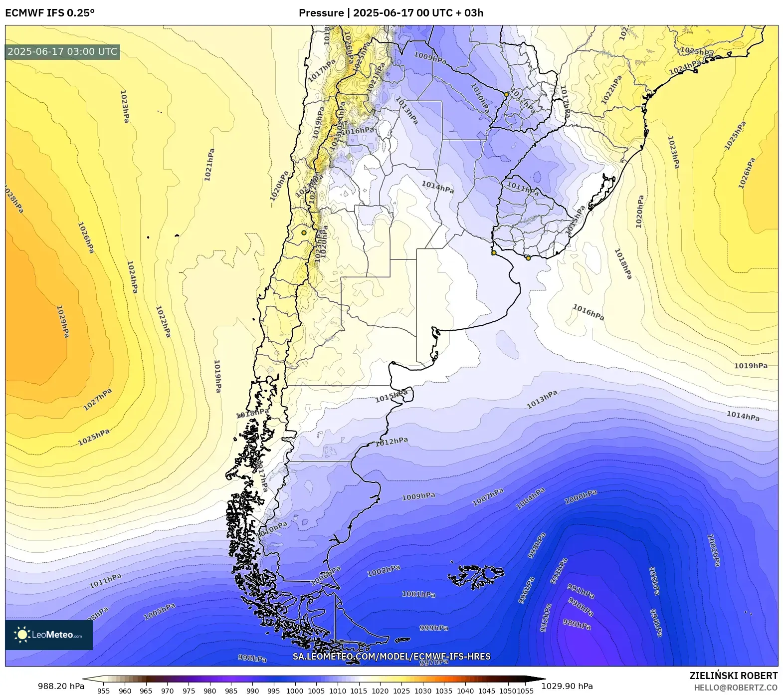 ECMWF IFS 0.25° model - Argentina, Tekanan ECMWF IFS 0.25° model - Argentina, Tekanan