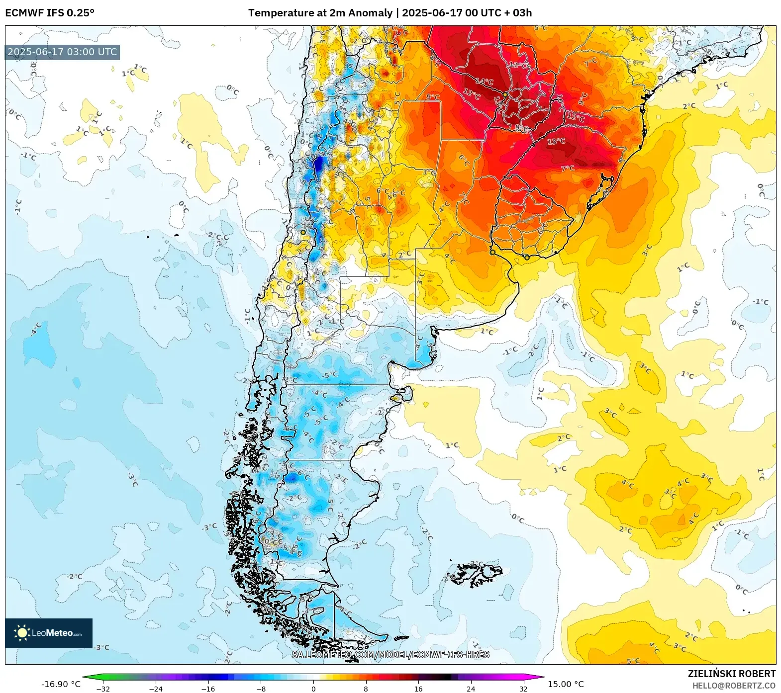 ECMWF IFS 0.25° model - Argentina, Anomali Suhu 2 m ECMWF IFS 0.25° model - Argentina, Anomali Suhu 2 m