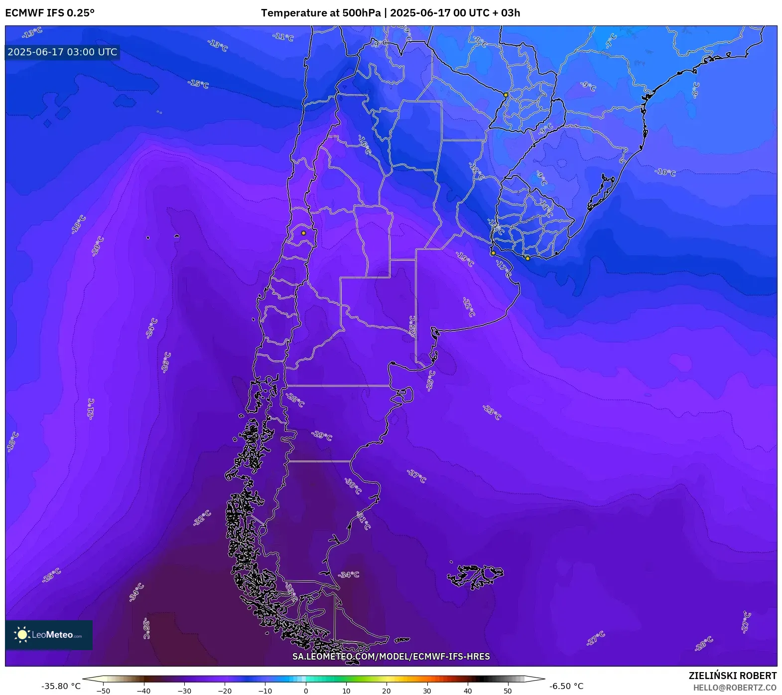 ECMWF IFS 0.25° model - Argentina, Suhu 500 hPa ECMWF IFS 0.25° model - Argentina, Suhu 500 hPa
