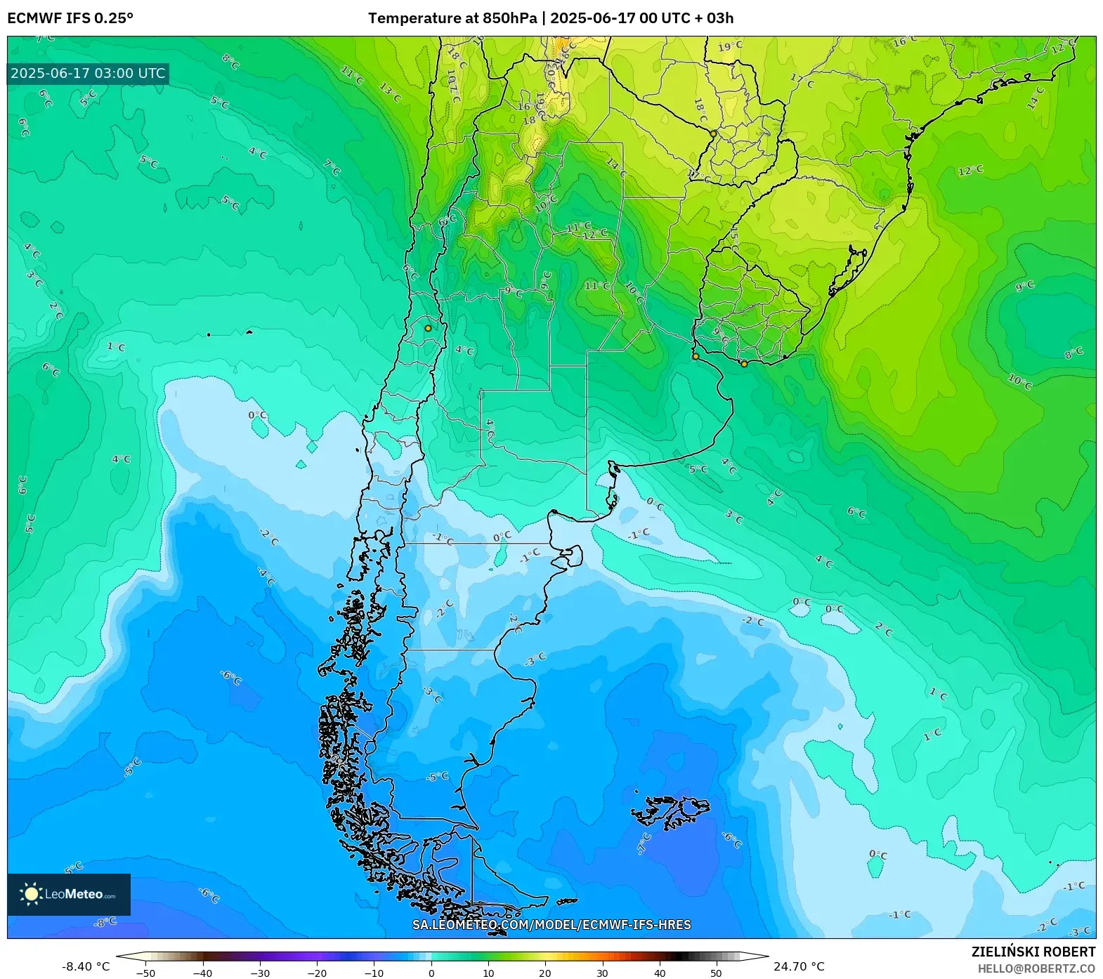 ECMWF IFS 0.25° model - Argentina, Suhu 850 hPa ECMWF IFS 0.25° model - Argentina, Suhu 850 hPa