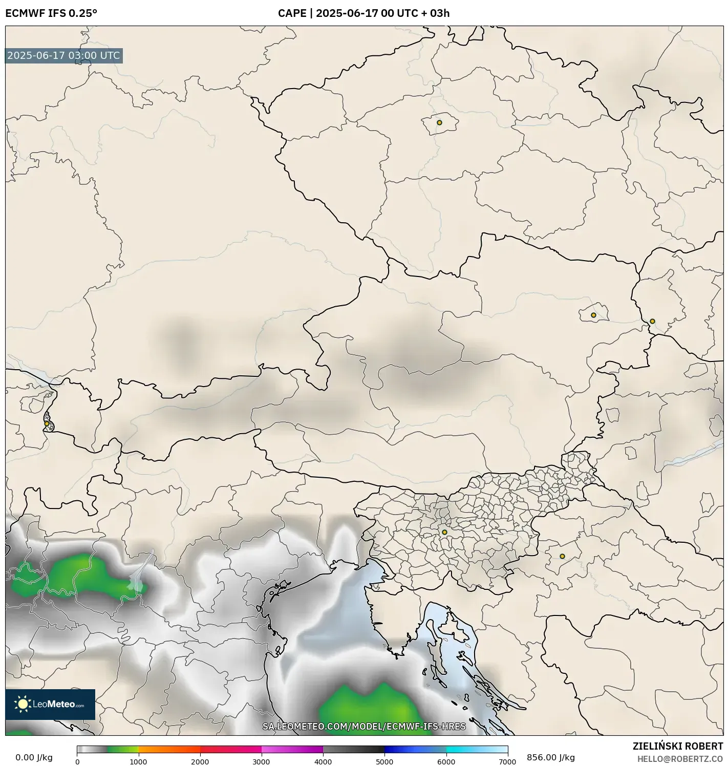 ECMWF IFS 0.25° model - Austria, CAPE ECMWF IFS 0.25° model - Austria, CAPE
