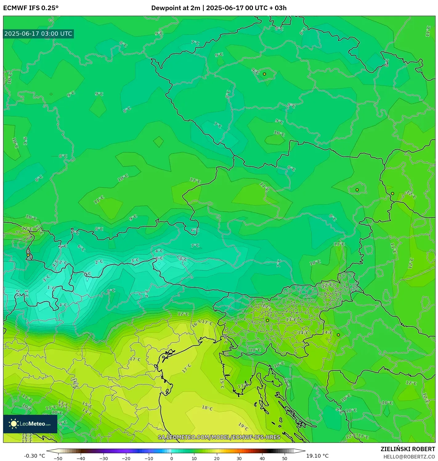 ECMWF IFS 0.25° model - Austria, Takat Embun 2 m ECMWF IFS 0.25° model - Austria, Takat Embun 2 m