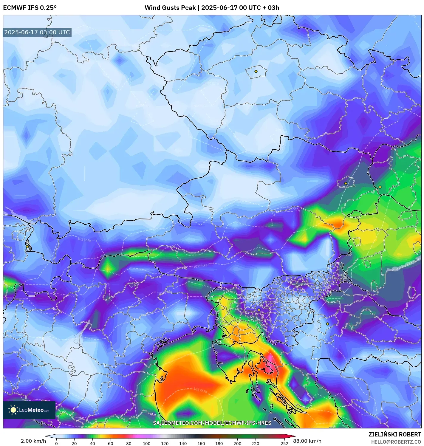 ECMWF IFS 0.25° model - Austria, Hembusan Tertinggi ECMWF IFS 0.25° model - Austria, Hembusan Tertinggi