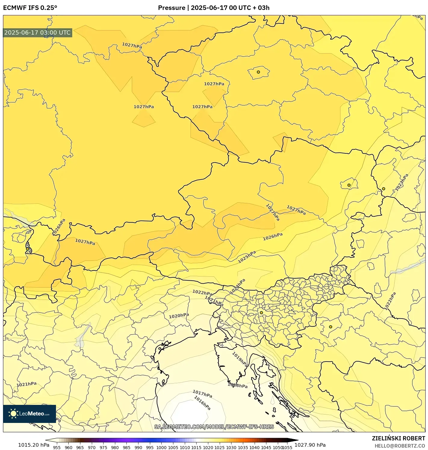 ECMWF IFS 0.25° model - Austria, Tekanan ECMWF IFS 0.25° model - Austria, Tekanan