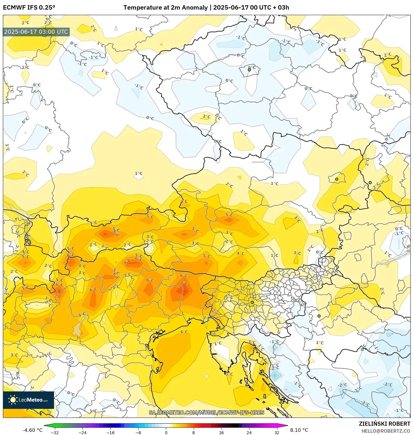 ECMWF IFS 0.25° model - Austria, Anomali Suhu 2 m ECMWF IFS 0.25° model - Austria, Anomali Suhu 2 m