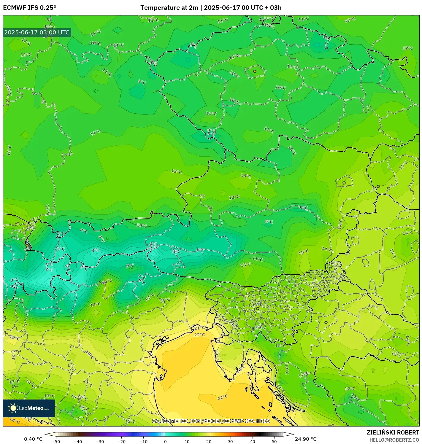 ECMWF IFS 0.25° model - Austria, Suhu pada 2 m ECMWF IFS 0.25° model - Austria, Suhu pada 2 m