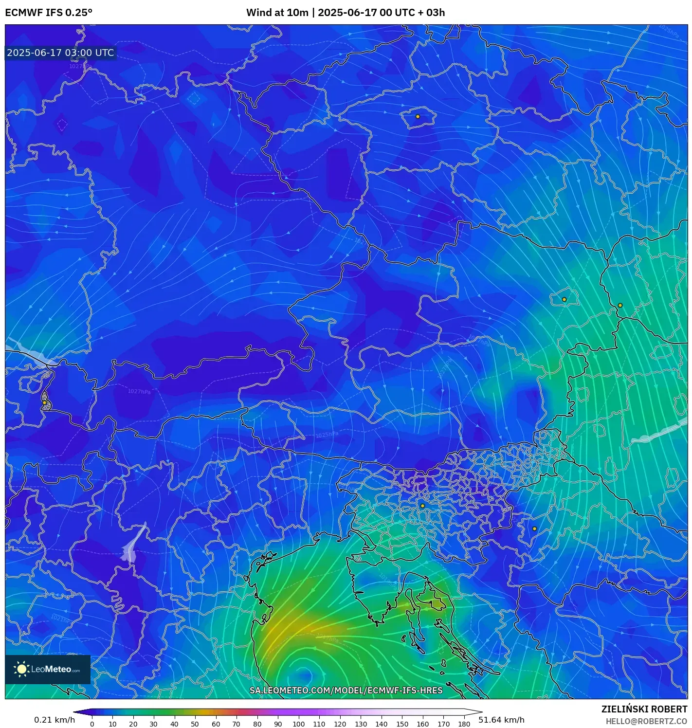 ECMWF IFS 0.25° model - Austria, Angin 10 m ECMWF IFS 0.25° model - Austria, Angin 10 m