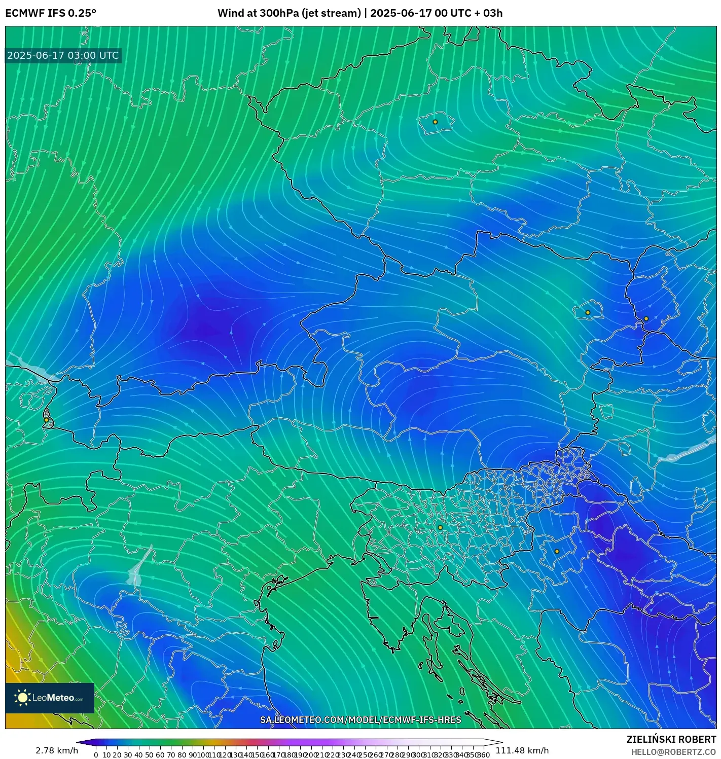 ECMWF IFS 0.25° model - Austria, Angin 300 hPa (aliran jet) ECMWF IFS 0.25° model - Austria, Angin 300 hPa (aliran jet)