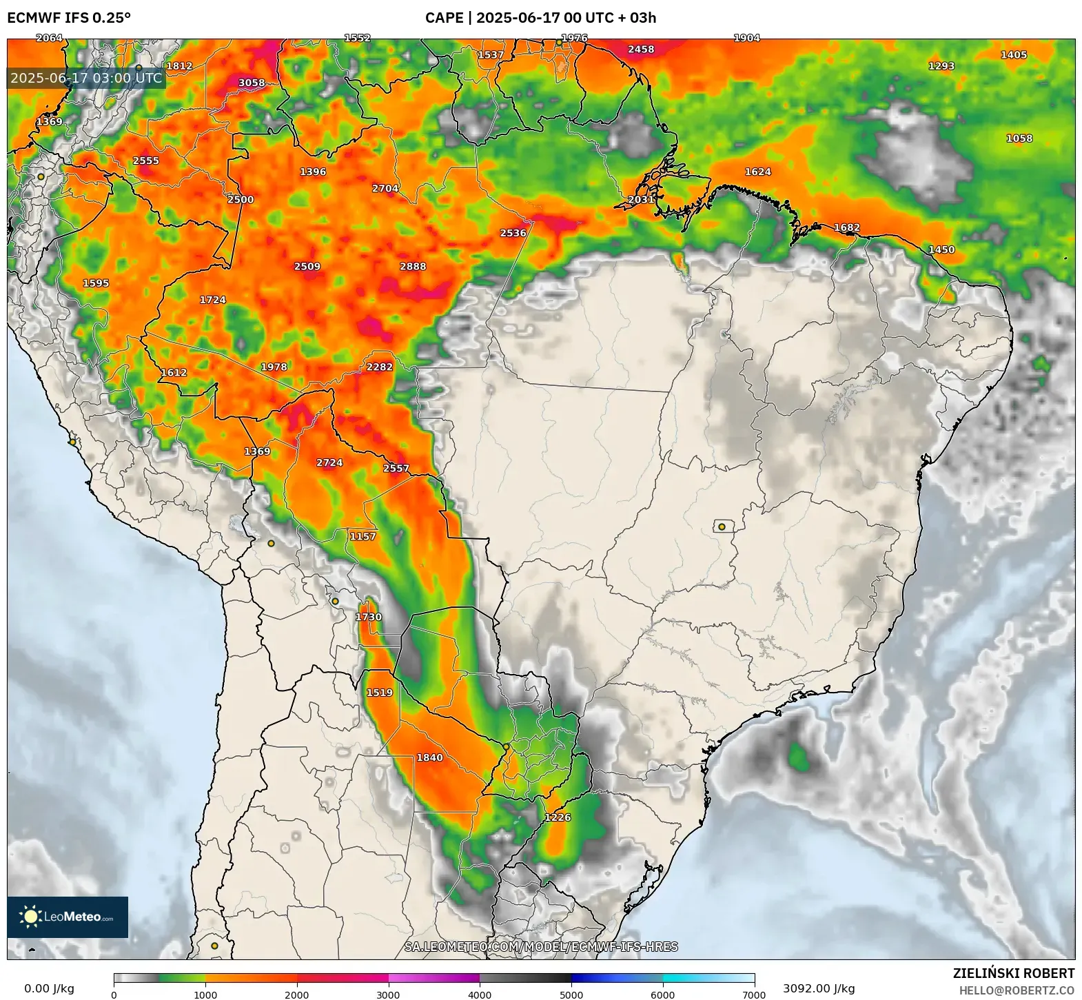 ECMWF IFS 0.25° model - Brazil, CAPE ECMWF IFS 0.25° model - Brazil, CAPE
