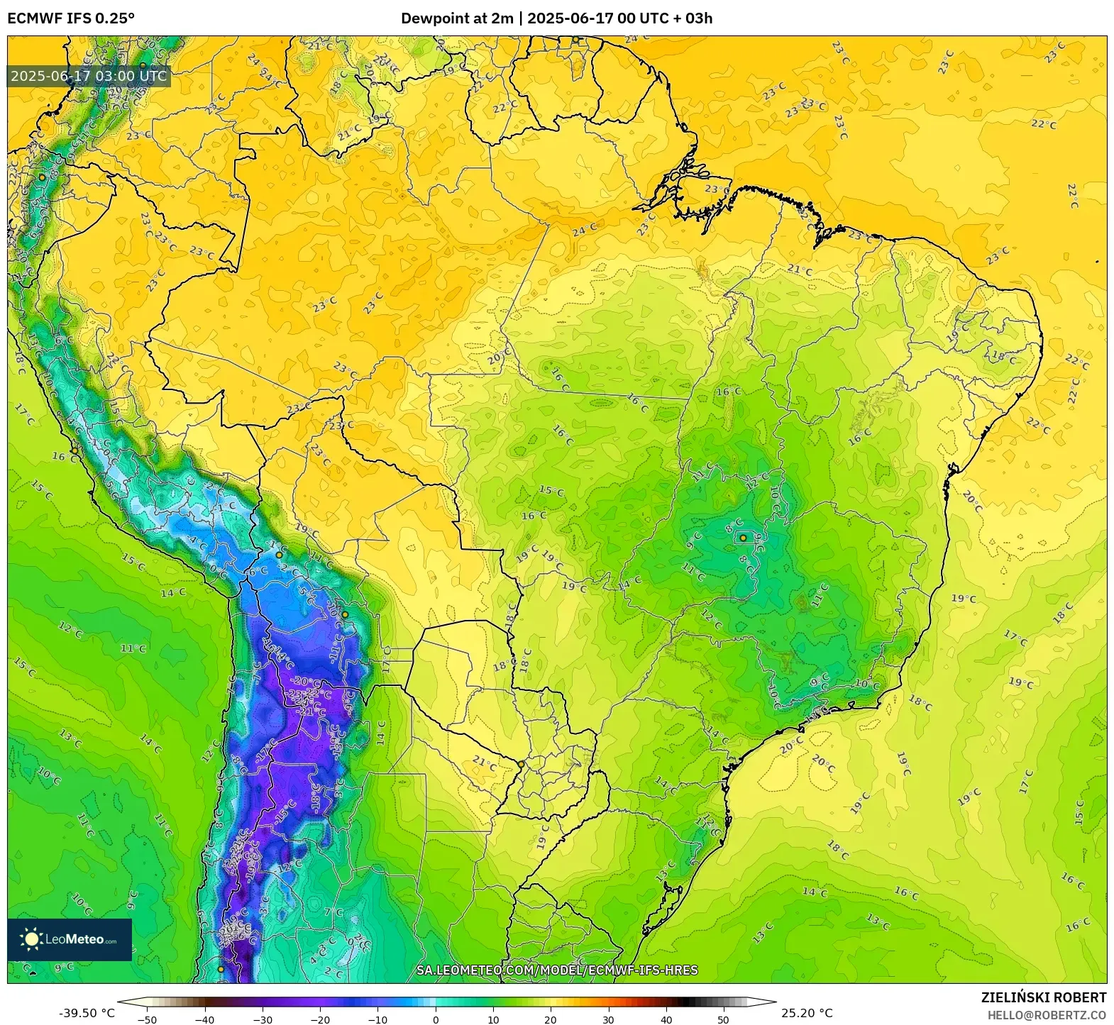 ECMWF IFS 0.25° model - Brazil, Takat Embun 2 m ECMWF IFS 0.25° model - Brazil, Takat Embun 2 m