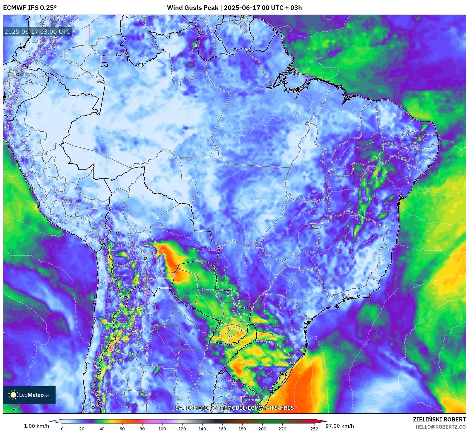 ECMWF IFS 0.25° model - Brazil, Hembusan Tertinggi ECMWF IFS 0.25° model - Brazil, Hembusan Tertinggi
