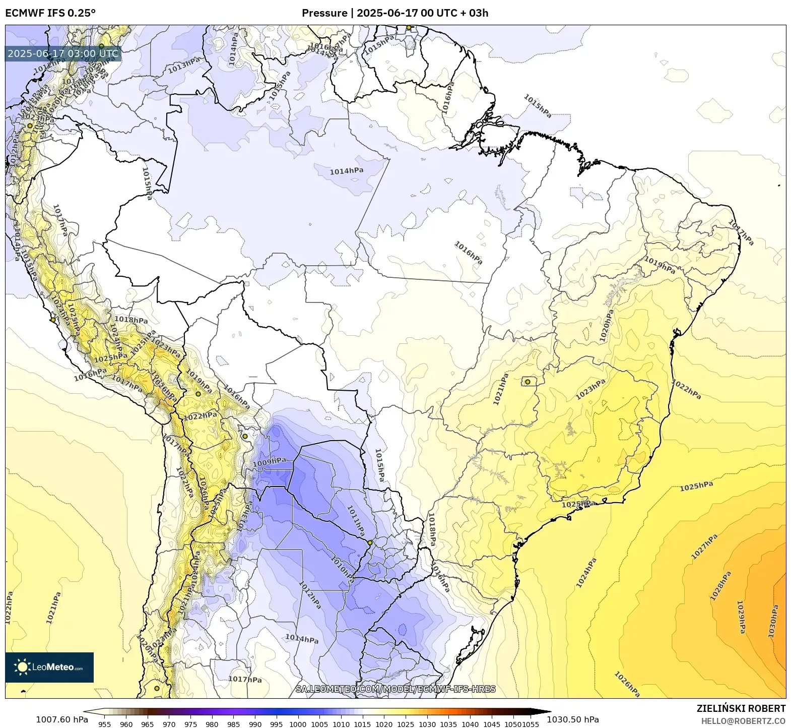 ECMWF IFS 0.25° model - Brazil, Tekanan ECMWF IFS 0.25° model - Brazil, Tekanan