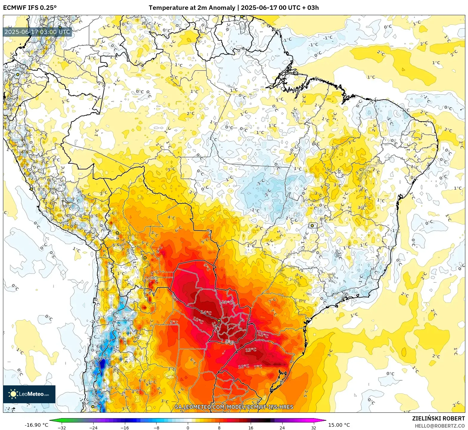 ECMWF IFS 0.25° model - Brazil, Anomali Suhu 2 m ECMWF IFS 0.25° model - Brazil, Anomali Suhu 2 m