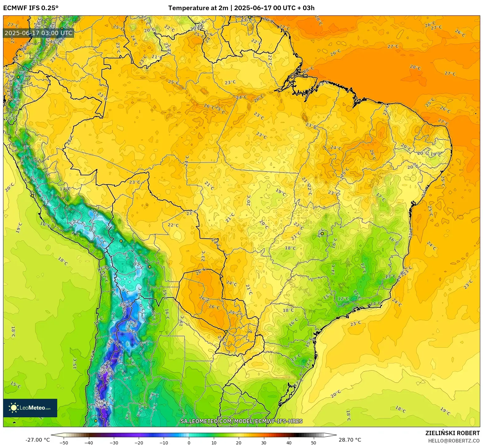 ECMWF IFS 0.25° model - Brazil, Suhu pada 2 m ECMWF IFS 0.25° model - Brazil, Suhu pada 2 m