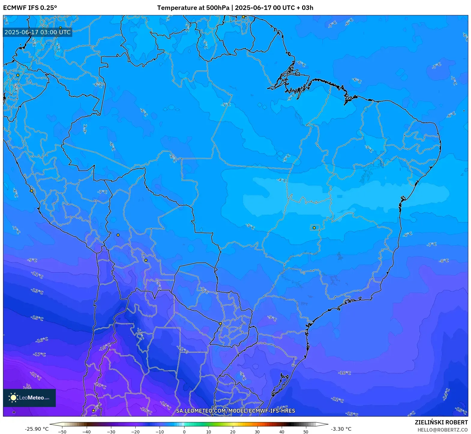 ECMWF IFS 0.25° model - Brazil, Suhu 500 hPa ECMWF IFS 0.25° model - Brazil, Suhu 500 hPa