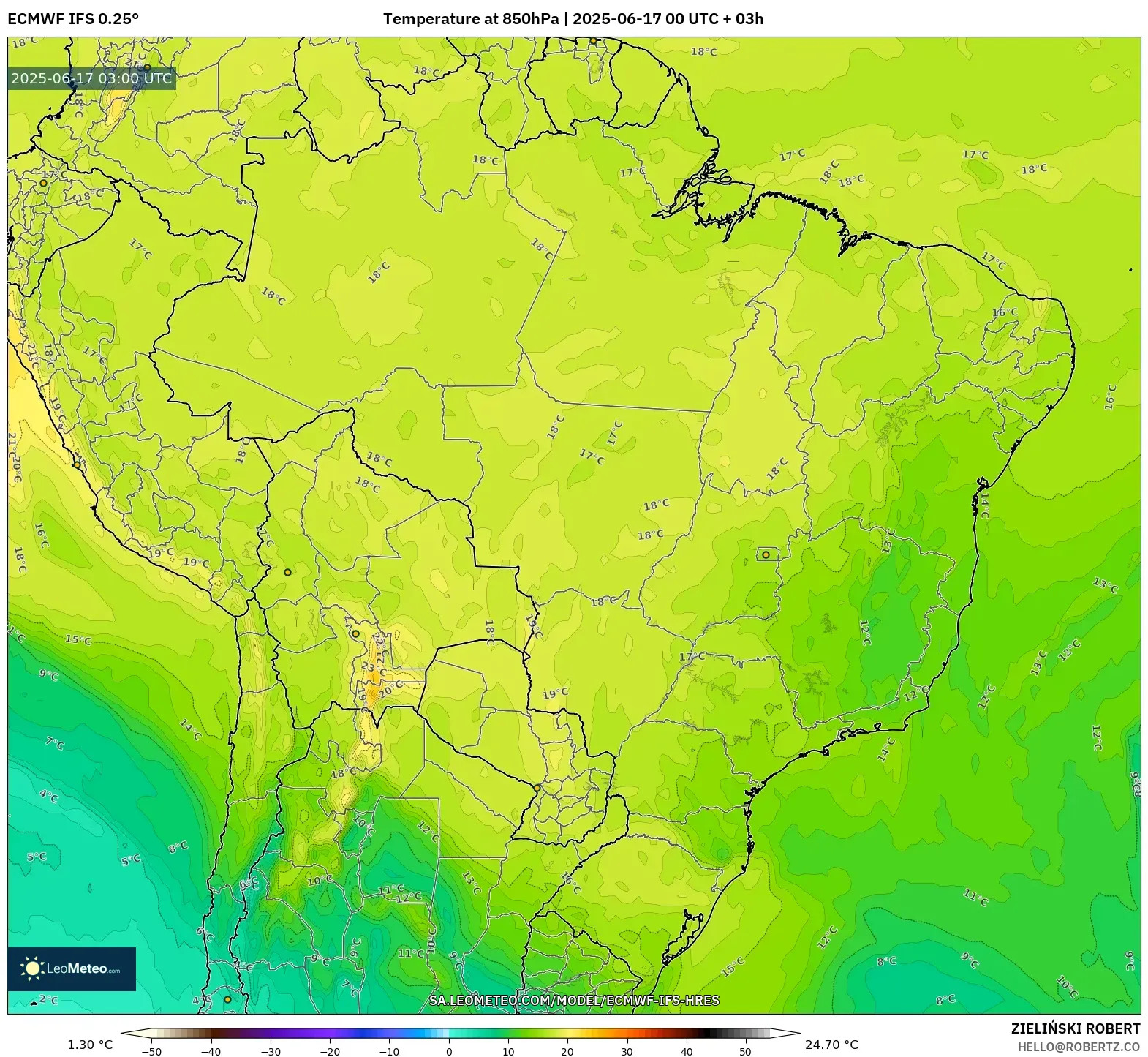 ECMWF IFS 0.25° model - Brazil, Suhu 850 hPa ECMWF IFS 0.25° model - Brazil, Suhu 850 hPa