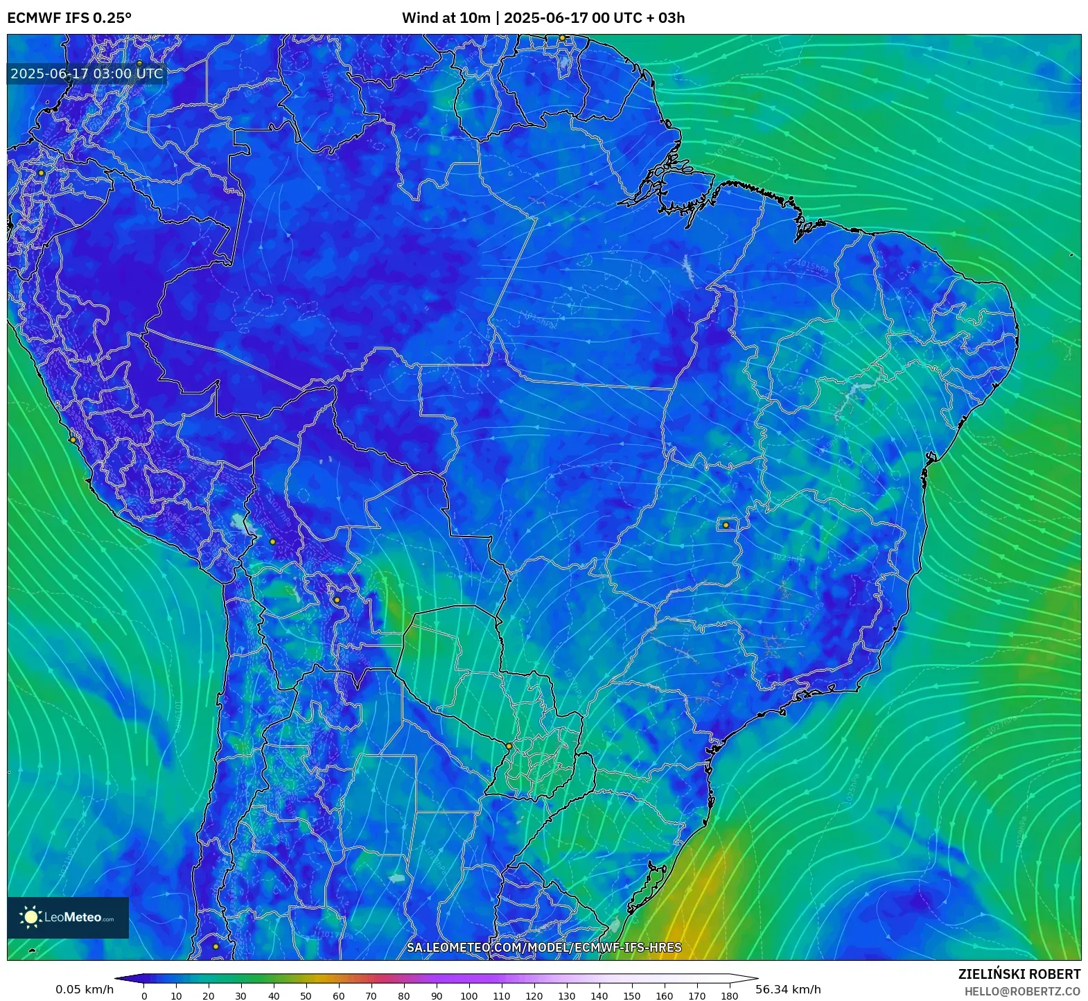 ECMWF IFS 0.25° model - Brazil, Angin 10 m ECMWF IFS 0.25° model - Brazil, Angin 10 m