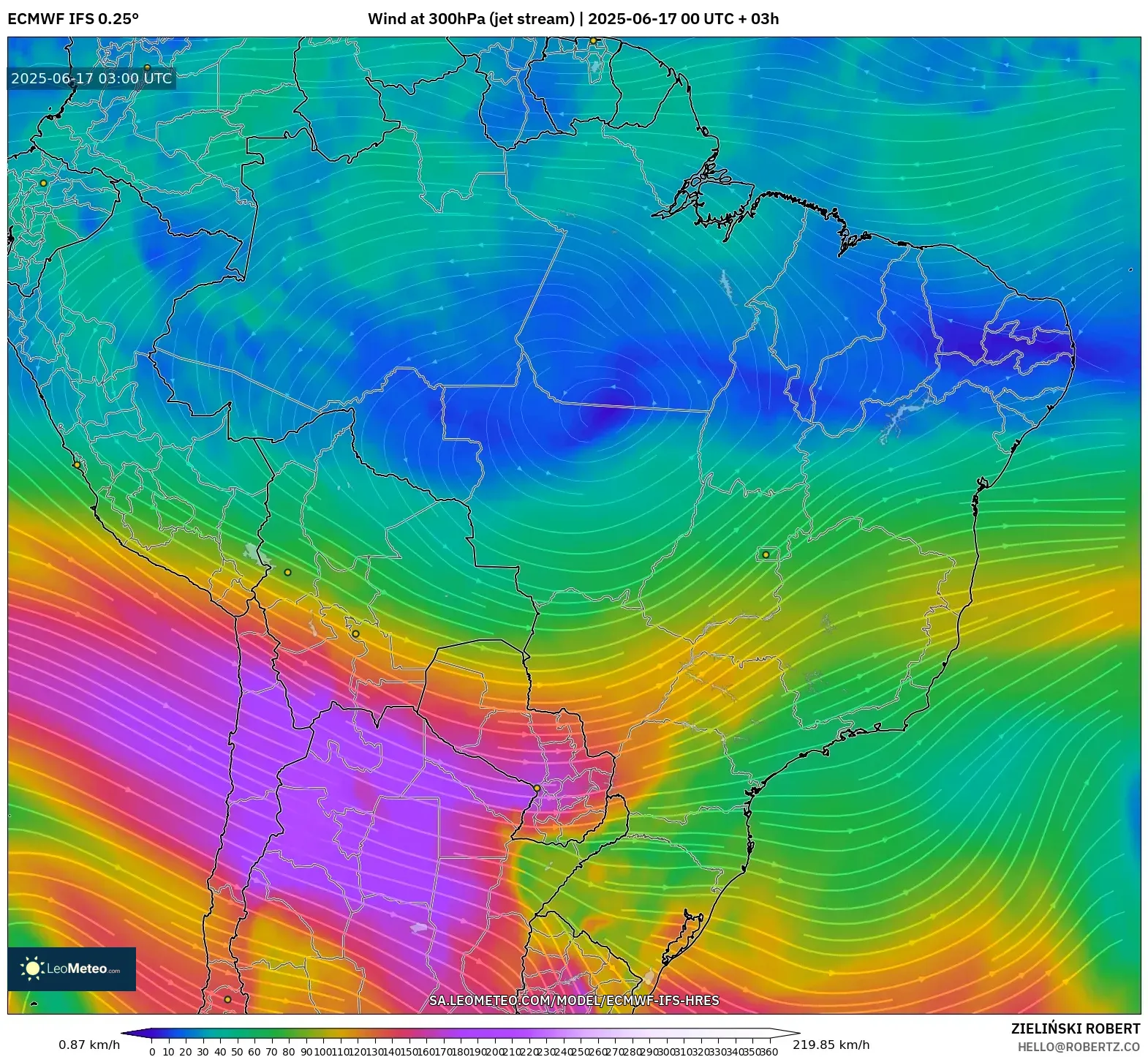 ECMWF IFS 0.25° model - Brazil, Angin 300 hPa (aliran jet) ECMWF IFS 0.25° model - Brazil, Angin 300 hPa (aliran jet)