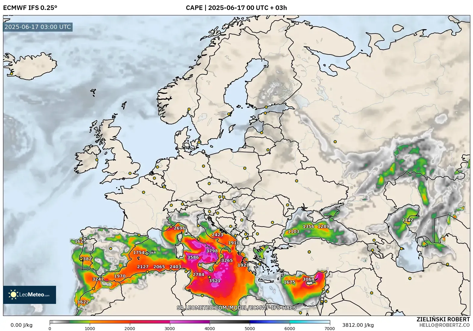 ECMWF IFS 0.25° model - Eropah, CAPE ECMWF IFS 0.25° model - Eropah, CAPE