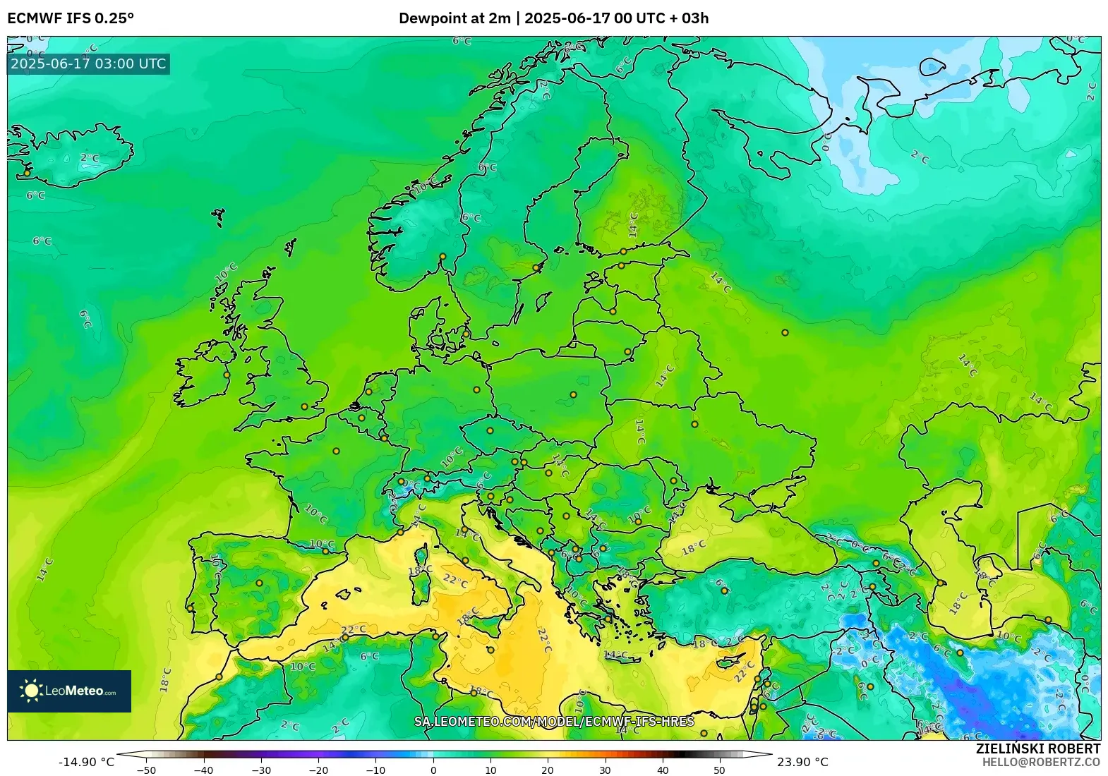ECMWF IFS 0.25° model - Eropah, Takat Embun 2 m ECMWF IFS 0.25° model - Eropah, Takat Embun 2 m
