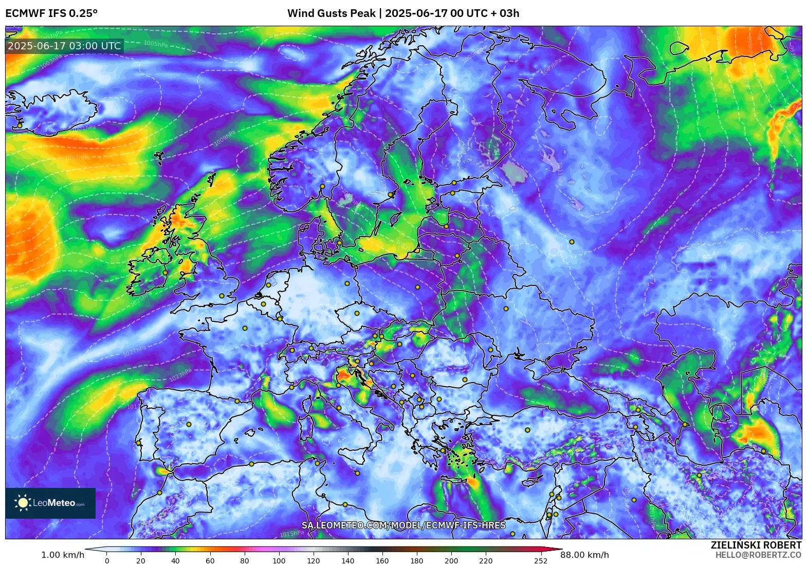 ECMWF IFS 0.25° model - Eropah, Hembusan Tertinggi ECMWF IFS 0.25° model - Eropah, Hembusan Tertinggi