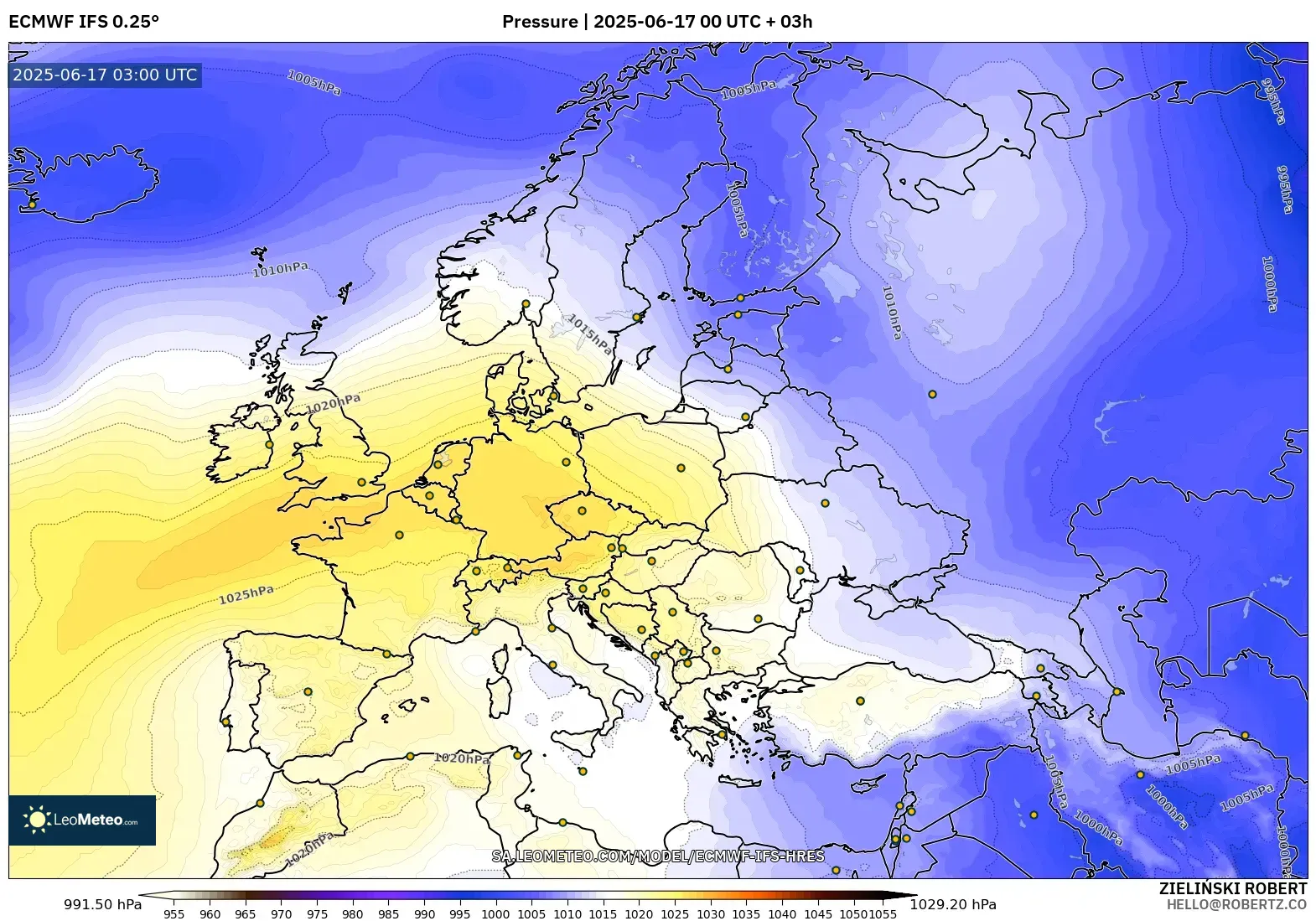 ECMWF IFS 0.25° model - Eropah, Tekanan ECMWF IFS 0.25° model - Eropah, Tekanan