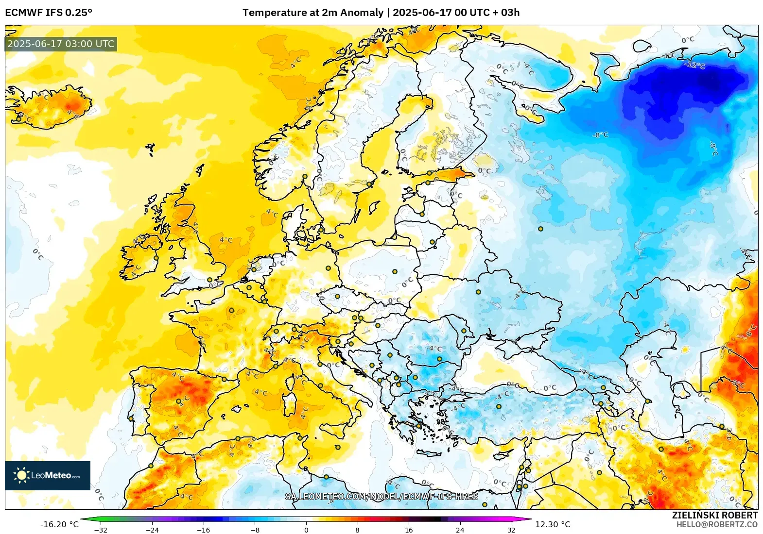 ECMWF IFS 0.25° model - Eropah, Anomali Suhu 2 m ECMWF IFS 0.25° model - Eropah, Anomali Suhu 2 m