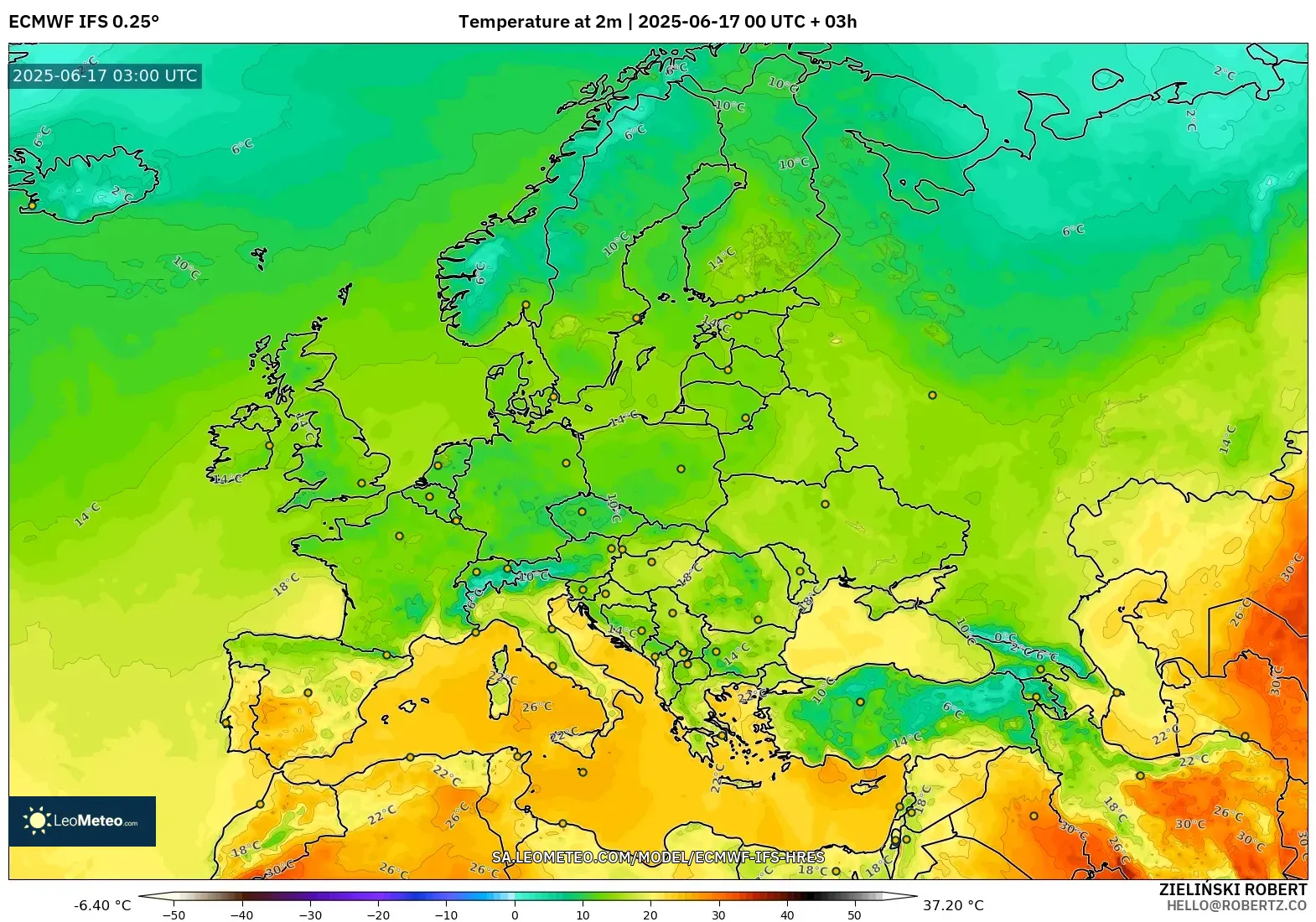 ECMWF IFS 0.25° model - Eropah, Suhu pada 2 m ECMWF IFS 0.25° model - Eropah, Suhu pada 2 m