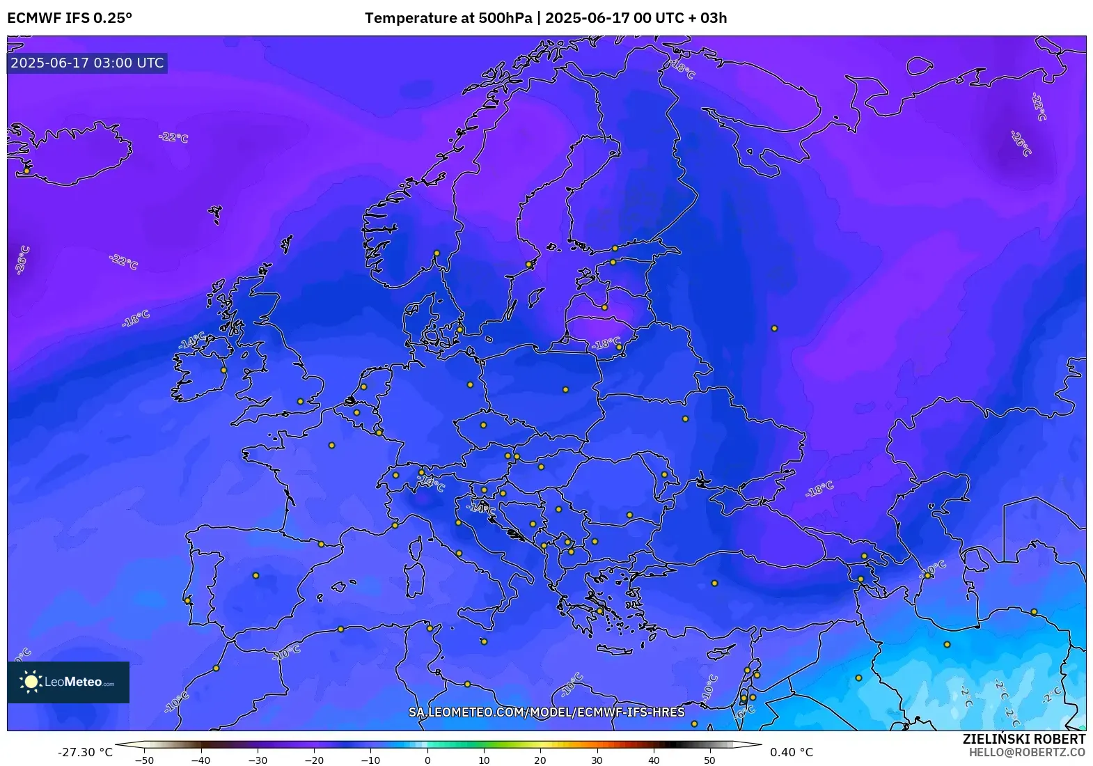 ECMWF IFS 0.25° model - Eropah, Suhu 500 hPa ECMWF IFS 0.25° model - Eropah, Suhu 500 hPa