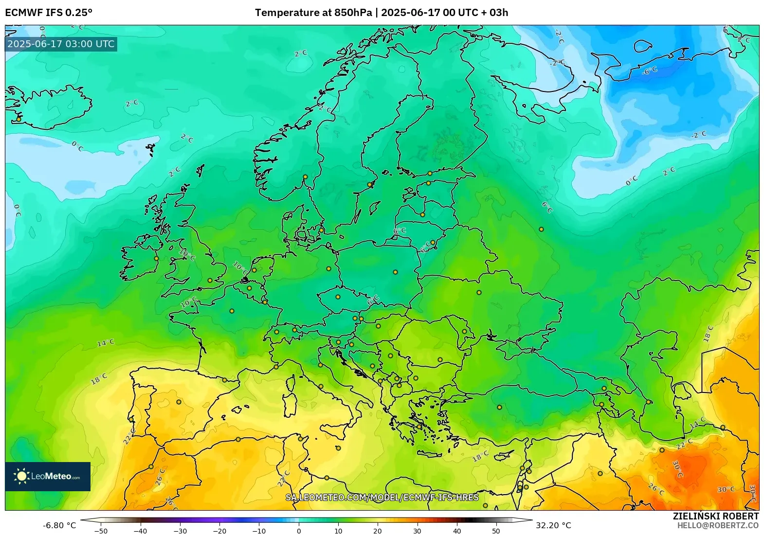 ECMWF IFS 0.25° model - Eropah, Suhu 850 hPa ECMWF IFS 0.25° model - Eropah, Suhu 850 hPa