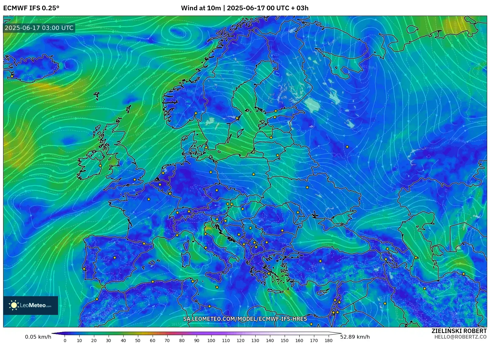 ECMWF IFS 0.25° model - Eropah, Angin 10 m ECMWF IFS 0.25° model - Eropah, Angin 10 m