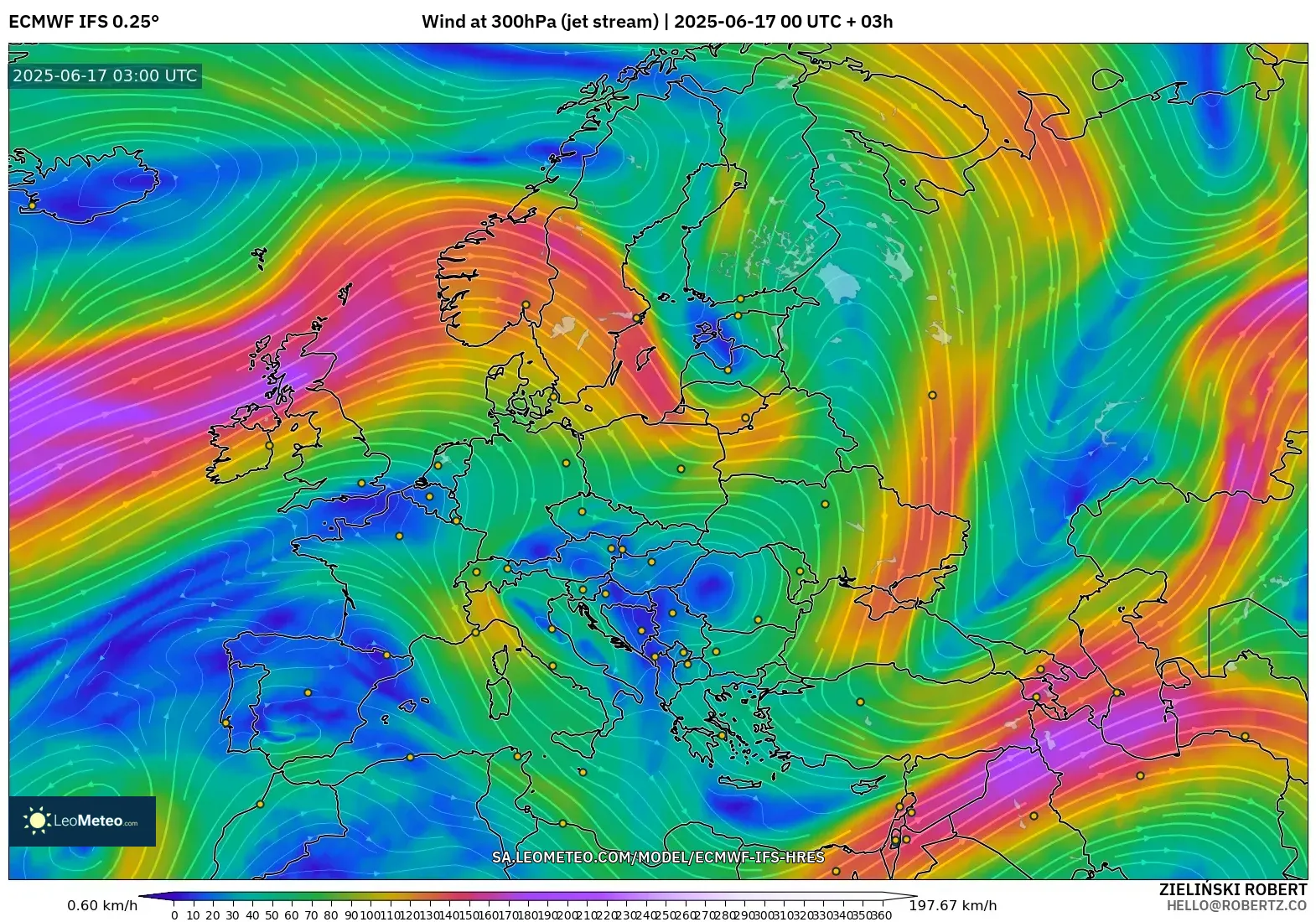 ECMWF IFS 0.25° model - Eropah, Angin 300 hPa (aliran jet) ECMWF IFS 0.25° model - Eropah, Angin 300 hPa (aliran jet)