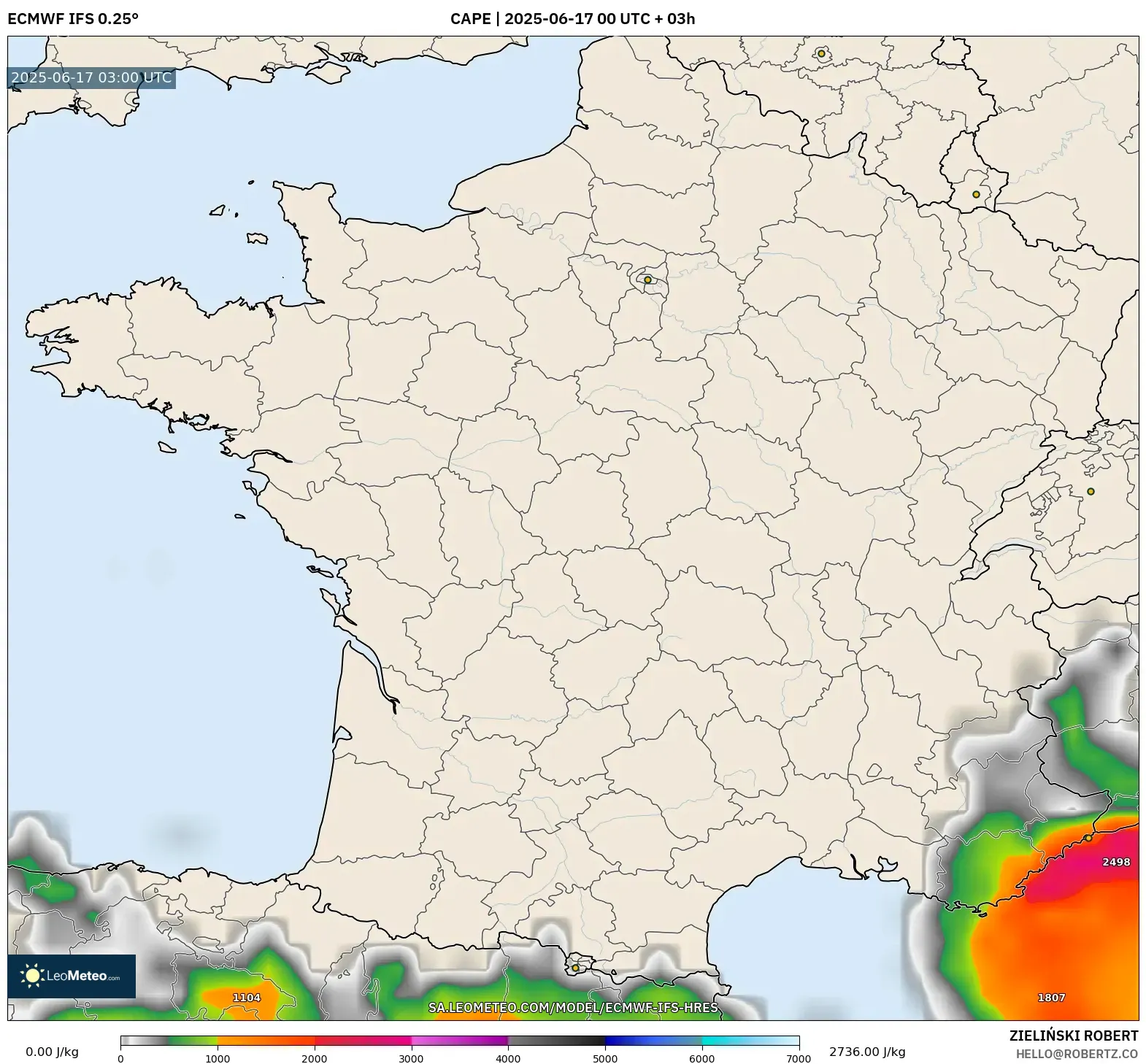 ECMWF IFS 0.25° model - Perancis, CAPE ECMWF IFS 0.25° model - Perancis, CAPE