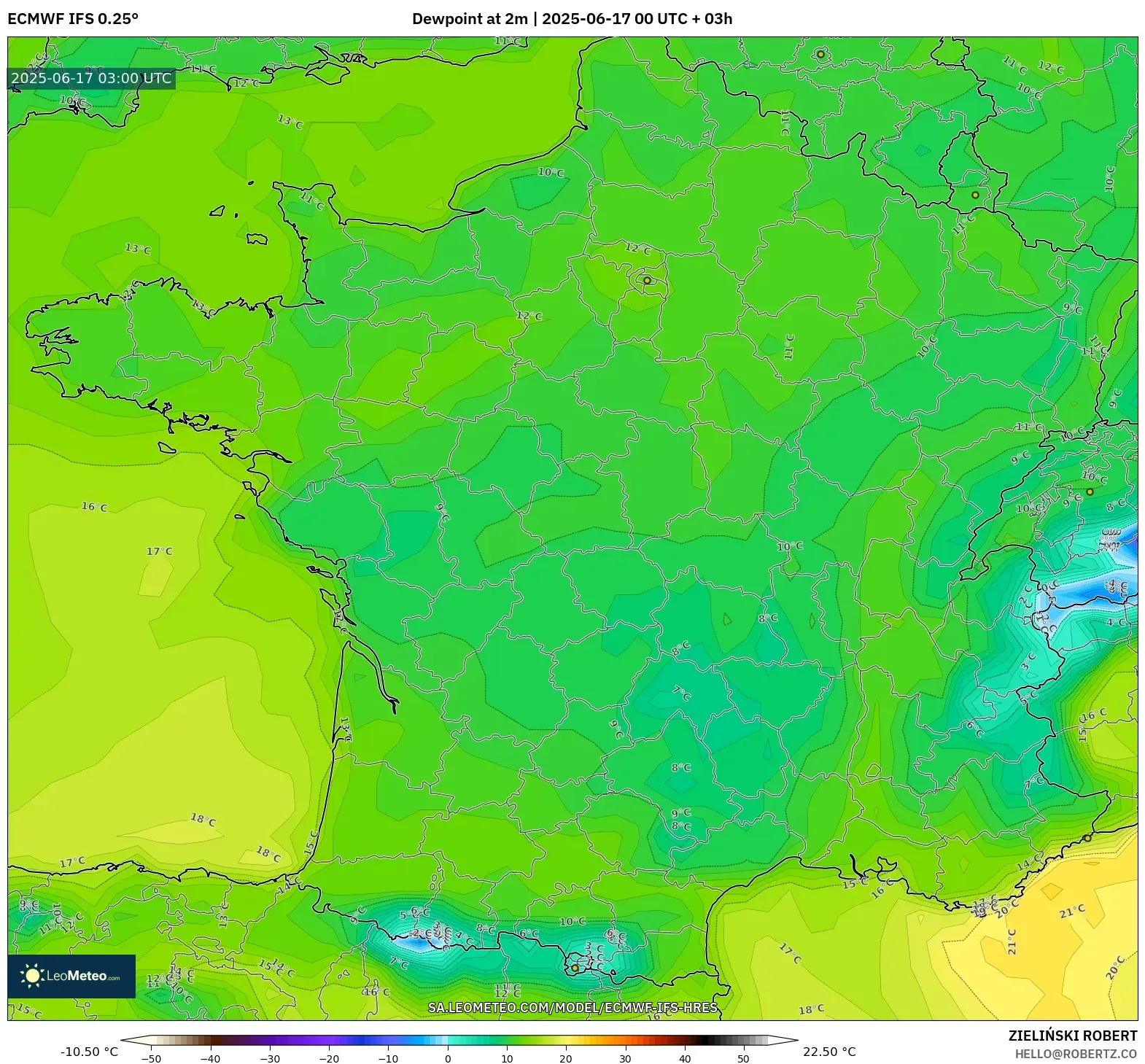 ECMWF IFS 0.25° model - Perancis, Takat Embun 2 m ECMWF IFS 0.25° model - Perancis, Takat Embun 2 m